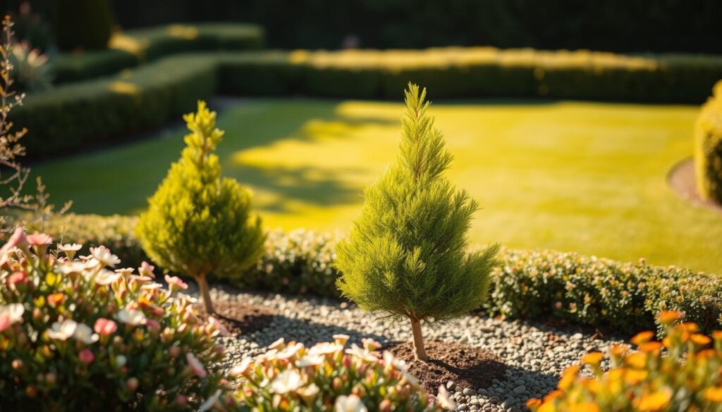A serene garden scene featuring small, ornamental trees that enhance aesthetics without overwhelming the space. In the foreground, delicate shrubs bloom with colorful flowers, while in the middle ground, two elegantly shaped dwarf trees exhibit vibrant green foliage, showcasing their unique textures. The background includes a soft-focus view of a gently sloping lawn, with manicured hedges framing the scene. The lighting is warm and inviting, mimicking late afternoon sun casting gentle shadows, creating a tranquil atmosphere. The angle is slightly elevated, capturing the layout of the garden, emphasizing the harmony between the trees and surrounding plants, illustrating the balance of beauty and functionality in limited spaces.