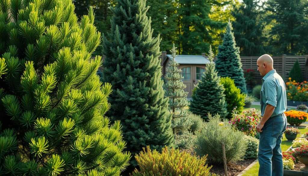 A serene garden scene focused on the care of coniferous trees (iglaków) in a well-kept backyard. In the foreground, a gardener, dressed in modest casual attire, gently trims a lush green pine tree, showcasing the precision and artistry of gardening. In the middle, various types of conifers, from sprightly junipers to elegant spruce, create a rich tapestry of textures and shades of green. The background features a garden shed and a variety of colorful flowers, enhancing the vibrant atmosphere. Soft morning light filters through the trees, casting gentle shadows and creating a peaceful, harmonious ambiance. The composition is captured from a slightly elevated angle, giving a comprehensive view of the garden's beauty and the gardener's meticulous work. A serene garden scene focused on the care of coniferous trees (iglaków) in a well-kept backyard. In the foreground, a gardener, dressed in modest casual attire, gently trims a lush green pine tree, showcasing the precision and artistry of gardening. In the middle, various types of conifers, from sprightly junipers to elegant spruce, create a rich tapestry of textures and shades of green. The background features a garden shed and a variety of colorful flowers, enhancing the vibrant atmosphere. Soft morning light filters through the trees, casting gentle shadows and creating a peaceful, harmonious ambiance. The composition is captured from a slightly elevated angle, giving a comprehensive view of the garden's beauty and the gardener's meticulous work.