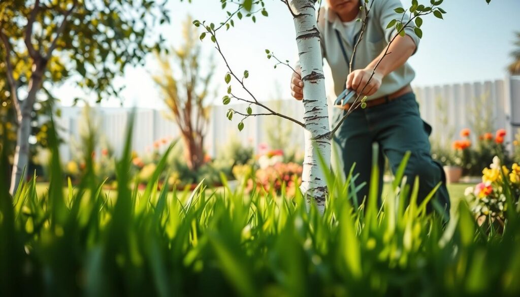 A serene garden scene illustrating the care of a birch tree, with a close-up of a gardener in modest casual clothing gently pruning the tree's delicate branches. In the foreground, lush green grass frames the scene, complemented by the white bark and striking black markings of the birch tree. The middle ground features the gardener using hand tools, showcasing their focused expression as they nurture the tree, promoting a sense of dedication and care. The background reveals a small, well-kept garden, with flowers and shrubs adding vibrant colors under soft, natural sunlight. The atmosphere is tranquil and inviting, with a warm glow enhancing the feeling of nurturing nature and the importance of garden maintenance.