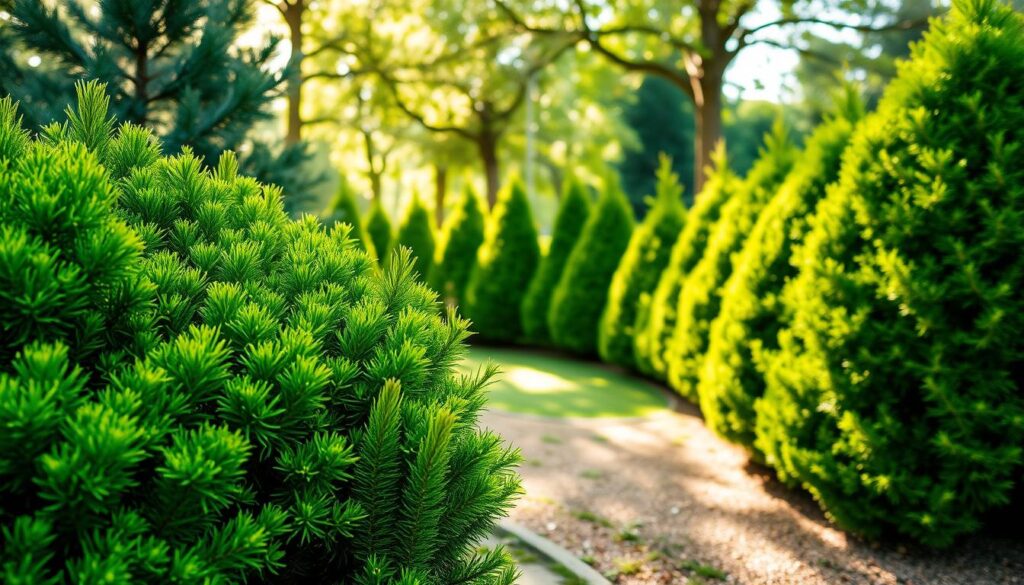 A serene garden scene showcasing a variety of evergreen coniferous plants, including elegant spruces, majestic pines, and charming junipers. In the foreground, feature a lush cluster of these plants with rich green hues and textured needles, highlighting their distinctive shapes. The middle ground includes a gently meandering path flanked by these conifers, creating a tranquil atmosphere. In the background, soft-focus silhouettes of taller trees allow for depth, while dappled sunlight filters through the branches, casting gentle shadows on the ground. The composition captures a peaceful outdoor setting, evoking the idea of sustainable gardening and alternative landscapes to traditional hedges. Use soft, natural lighting to enhance the vivid colors and textures of the plants.