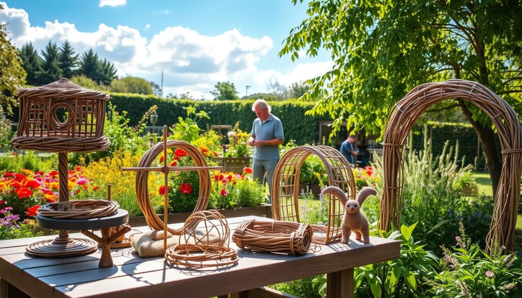 A serene garden scene showcasing beautifully crafted willow decorations. In the foreground, a table displays intricate willow sculptures, including a bird feeder, a decorative trellis, and a charming garden arch, all made from woven willow branches. The vibrant greenery of flower beds surrounds the area, with colorful flowers in bloom. In the middle ground, a gardener in modest casual clothing is skillfully working with the willow, demonstrating the crafting process. The background features a bright blue sky with soft puffy clouds, sunlight filtering through the leaves, creating dappled lighting that adds warmth. The overall mood is peaceful and inviting, encouraging creativity in garden embellishment. A serene garden scene showcasing beautifully crafted willow decorations. In the foreground, a table displays intricate willow sculptures, including a bird feeder, a decorative trellis, and a charming garden arch, all made from woven willow branches. The vibrant greenery of flower beds surrounds the area, with colorful flowers in bloom. In the middle ground, a gardener in modest casual clothing is skillfully working with the willow, demonstrating the crafting process. The background features a bright blue sky with soft puffy clouds, sunlight filtering through the leaves, creating dappled lighting that adds warmth. The overall mood is peaceful and inviting, encouraging creativity in garden embellishment.