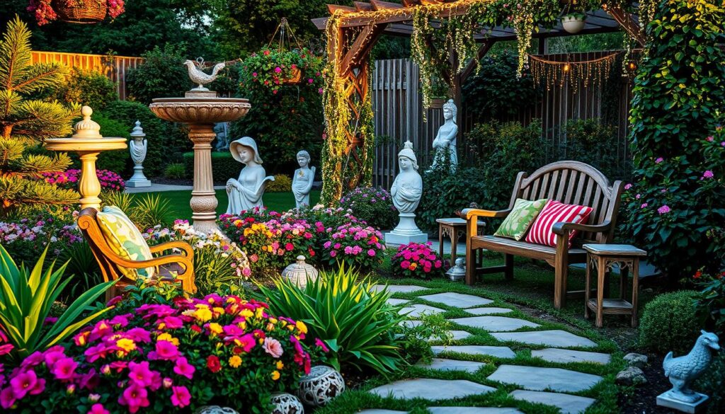 A serene garden scene showcasing decorative elements that enhance both functionality and aesthetics. In the foreground, a charming stone pathway leads to a small wooden bench adorned with colorful cushions. Lush greenery surrounds the path with vibrant flower beds bursting with colors. In the middle ground, a variety of elegant garden ornaments like a classic birdbath, intricate sculptures, and twinkling fairy lights strung across flowering shrubs create a whimsical atmosphere. The background features a beautiful trellis draped with climbing vines and hanging planters filled with cascading flowers. The scene is bathed in golden hour light, casting warm shadows and creating a peaceful, inviting mood. The angle captures a well-balanced composition that celebrates the harmonious blend of nature and decorative design.