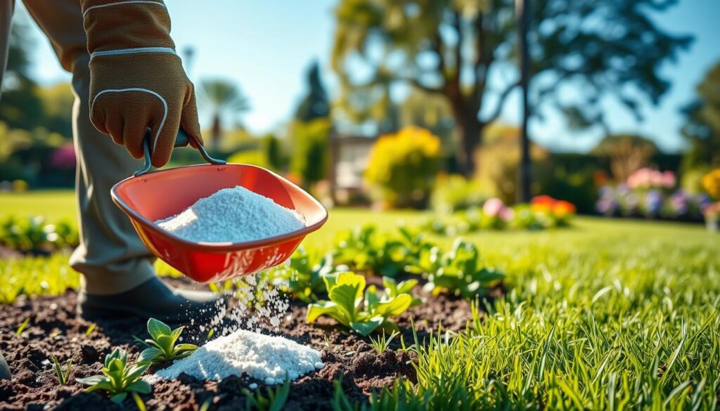 A serene garden scene showcasing the process of liming plants and grass, with a close-up view of a gardener in professional attire lightly spreading lime granules over vibrant green lawns and flourishing flower beds. The foreground features a hand with a gardening glove holding a handheld spreader, dispersing white lime onto the soil. In the middle ground, healthy green plants and lush grass thrive, demonstrating the benefits of proper liming, while the background includes soft-focus trees and a clear blue sky, creating an inviting atmosphere. The sunlight gently illuminates the scene, casting warm highlights and soft shadows, evoking a sense of care and nurturing for the garden.