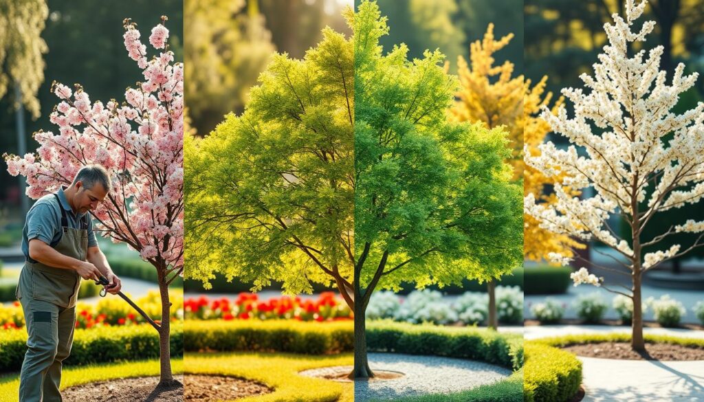 A serene garden scene showcasing the seasonal care of ornamental trees, divided into four quadrants representing spring, summer, autumn, and winter. In the foreground, a gardener, dressed in practical yet modest work clothing, gently prunes a flowering cherry tree in full bloom for spring. In the middle, a vibrant summer display features rich green foliage on an elegant maple tree, with sunlight filtering through the leaves, casting playful shadows. The autumn section displays a birch tree with golden leaves, while a light snowfall covers the winter section, featuring a pine tree. The background includes soft-focused flower beds and other trees, creating a harmonious garden atmosphere. The lighting is natural and bright, capturing the essence of a peaceful garden year-round.