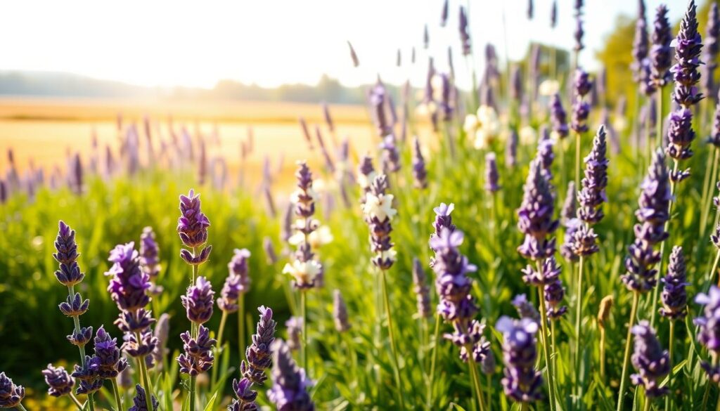 A serene garden scene showcasing various lavender cultivars ideal for the Polish climate. In the foreground, clusters of vibrant purple English lavender and delicate white French lavender bloom gracefully. The middle ground features taller stalks of lavender, their calming hues blended harmoniously against lush green foliage. The background shows a soft, sunlit expanse with distant trees and a clear blue sky, suggesting a warm, inviting day. The golden sunlight casts gentle shadows, enhancing the richness of the lavender's colors. This idyllic setting evokes a sense of tranquility and natural beauty, perfect for illustrating the topic of long-blooming and fragrant lavender varieties. The angle is slightly elevated, encompassing the diverse shades and textures of the plants while capturing the overall essence of a peaceful garden. A serene garden scene showcasing various lavender cultivars ideal for the Polish climate. In the foreground, clusters of vibrant purple English lavender and delicate white French lavender bloom gracefully. The middle ground features taller stalks of lavender, their calming hues blended harmoniously against lush green foliage. The background shows a soft, sunlit expanse with distant trees and a clear blue sky, suggesting a warm, inviting day. The golden sunlight casts gentle shadows, enhancing the richness of the lavender's colors. This idyllic setting evokes a sense of tranquility and natural beauty, perfect for illustrating the topic of long-blooming and fragrant lavender varieties. The angle is slightly elevated, encompassing the diverse shades and textures of the plants while capturing the overall essence of a peaceful garden.