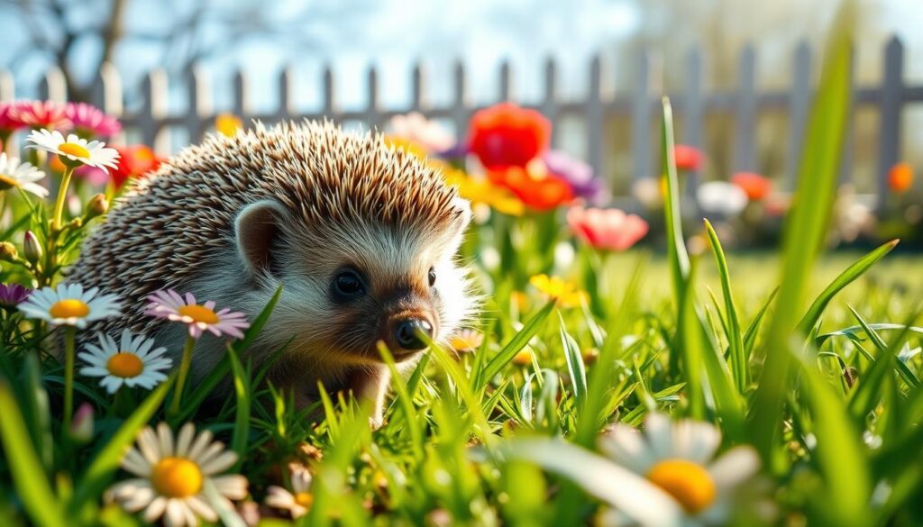 A serene garden setting featuring a hedgehog nestled among colorful flowers and lush green grasses. In the foreground, prominently display the hedgehog with its quills softly illuminated by gentle morning light, showcasing its adorable, expressive eyes. In the middle ground, include a variety of vibrant garden flowers such as daisies and tulips, with a few blades of grass swaying lightly in a soft breeze. The background features a blurred view of a picket fence and hinting at trees under a clear blue sky, which adds depth and tranquility to the scene. Capture the essence of a peaceful garden atmosphere, evoking a sense of natural beauty and warmth, ideal for an article about garden hedgehogs. Use a soft focus lens to create a dreamy effect, enhancing the calm and inviting feel of the image.