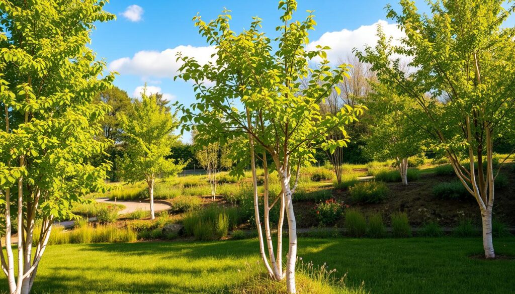 A serene garden setting featuring a variety of birch trees (Betula) with distinctive white bark and delicate foliage, showcasing their ideal growing conditions. In the foreground, a cluster of healthy young birch trees with vibrant green leaves and well-defined trunks, surrounded by lush grass and colorful wildflowers. The middle ground displays a well-maintained garden with a gentle slope, sunlight filtering through the leaves and casting dappled shadows on the ground. In the background, a clear blue sky enhances the tranquil atmosphere, with soft, fluffy clouds lazily drifting by. The lighting is warm and inviting, suggesting a pleasant spring afternoon, ideal for showcasing the beauty and requirements of birch trees in a small garden plot. Focus on a natural, peaceful mood.