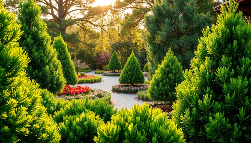 A serene garden setting featuring lush, fast-growing coniferous trees as the main focus, showcasing their vibrant green foliage. In the foreground, a variety of expertly arranged evergreen trees like pines and spruces create a sense of depth with their rich textures. The middle ground reveals flower beds bursting with colorful blooms that complement the evergreen's rich colors, while a light gravel path meanders through, inviting exploration. In the background, a soft, golden sunlight filters through the tree branches, casting dappled shadows on the ground, enhancing the tranquil atmosphere. Capture this scene with a wide-angle lens to emphasize the spacious garden, and create a warm, inviting mood that highlights the beauty and decorative potential of these quick-growing coniferous trees.