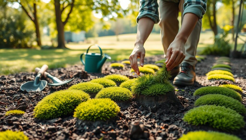 A serene garden setting showcasing the process of planting moss. In the foreground, a gardener in modest casual clothing gently spreads patches of vibrant green moss onto damp soil, their hands guiding the lush foliage. The middle ground features an assortment of gardening tools—like a spade and watering can—arranged neatly beside freshly turned earth. In the background, a tranquil landscape reveals soft sunlight filtering through lush trees, casting dappled shadows on the ground, enhancing the calming atmosphere. Use a shallow depth of field to focus on the gardener and the moss, while the background remains slightly blurred. The image should evoke a sense of tranquility and connection with nature, inviting viewers to engage with the gardening process.
