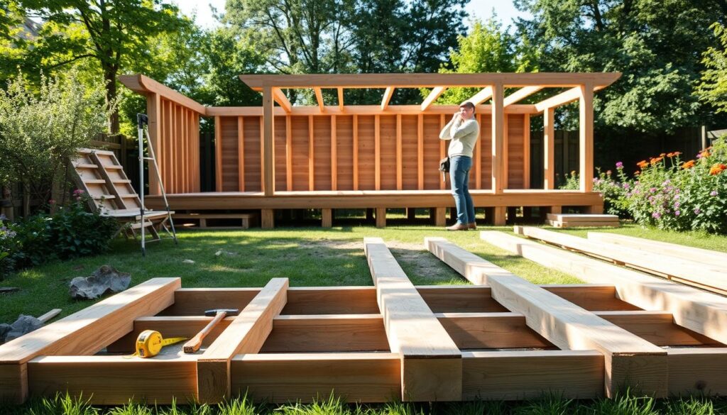 A serene outdoor setting featuring a partially constructed timber terrace for a Dutch-style garden house. In the foreground, sturdy wooden beams are laid out with a measuring tape and tools like a saw and hammer visible, emphasizing the construction process. The middle ground showcases the framework of the terrace with detailed joinery, and a worker in modest casual clothing, focused on assembling the structure. In the background, lush greenery and flowering plants create a vibrant, inviting atmosphere. The scene is well-lit by soft afternoon sunlight, casting gentle shadows that enhance the textures of the wood. The angle captures the construction from a slightly elevated perspective, providing a comprehensive view of the terrace layout and the surrounding garden.