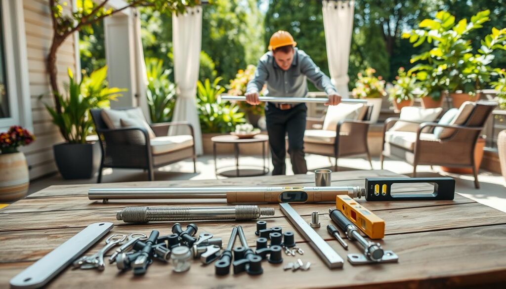 A serene outdoor setting on a sunny day, focusing on the preparation for mounting patio curtains. In the foreground, neatly arranged tools and materials, such as curtain rods, clips, and a level, are spread out on a sturdy wooden table. The middle ground features a partially assembled curtain rod being held by a person dressed in professional work attire, demonstrating care and focus. The backdrop showcases a stylish patio area with comfortable furniture and vibrant green plants, enhancing the atmosphere of a cozy outdoor space. Soft, natural lighting filters through the trees, casting gentle shadows and highlighting the colors of the materials. The image conveys a calm, productive mood, ideal for showcasing preparation steps. A serene outdoor setting on a sunny day, focusing on the preparation for mounting patio curtains. In the foreground, neatly arranged tools and materials, such as curtain rods, clips, and a level, are spread out on a sturdy wooden table. The middle ground features a partially assembled curtain rod being held by a person dressed in professional work attire, demonstrating care and focus. The backdrop showcases a stylish patio area with comfortable furniture and vibrant green plants, enhancing the atmosphere of a cozy outdoor space. Soft, natural lighting filters through the trees, casting gentle shadows and highlighting the colors of the materials. The image conveys a calm, productive mood, ideal for showcasing preparation steps.