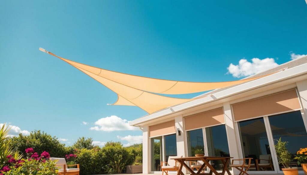 A serene outdoor terrace scene under a bright, sunny sky, featuring elegant sun sails and stylish external blinds providing shade. In the foreground, a well-furnished patio with comfortable chairs and a wooden table, surrounded by lush greenery and flowering plants, creating a relaxed atmosphere. The middle ground showcases the sun sails suspended above, gently billowing in the breeze, casting playful shadows on the ground. External roller blinds are partially lowered on large windows of a modern house, providing a contemporary touch. In the background, a clear blue sky with a few fluffy clouds enhances the tranquil vibe. The lighting is warm and inviting, suggesting a bright summer day. The overall mood is peaceful and stylish, perfect for enjoying outdoor leisure. A serene outdoor terrace scene under a bright, sunny sky, featuring elegant sun sails and stylish external blinds providing shade. In the foreground, a well-furnished patio with comfortable chairs and a wooden table, surrounded by lush greenery and flowering plants, creating a relaxed atmosphere. The middle ground showcases the sun sails suspended above, gently billowing in the breeze, casting playful shadows on the ground. External roller blinds are partially lowered on large windows of a modern house, providing a contemporary touch. In the background, a clear blue sky with a few fluffy clouds enhances the tranquil vibe. The lighting is warm and inviting, suggesting a bright summer day. The overall mood is peaceful and stylish, perfect for enjoying outdoor leisure.