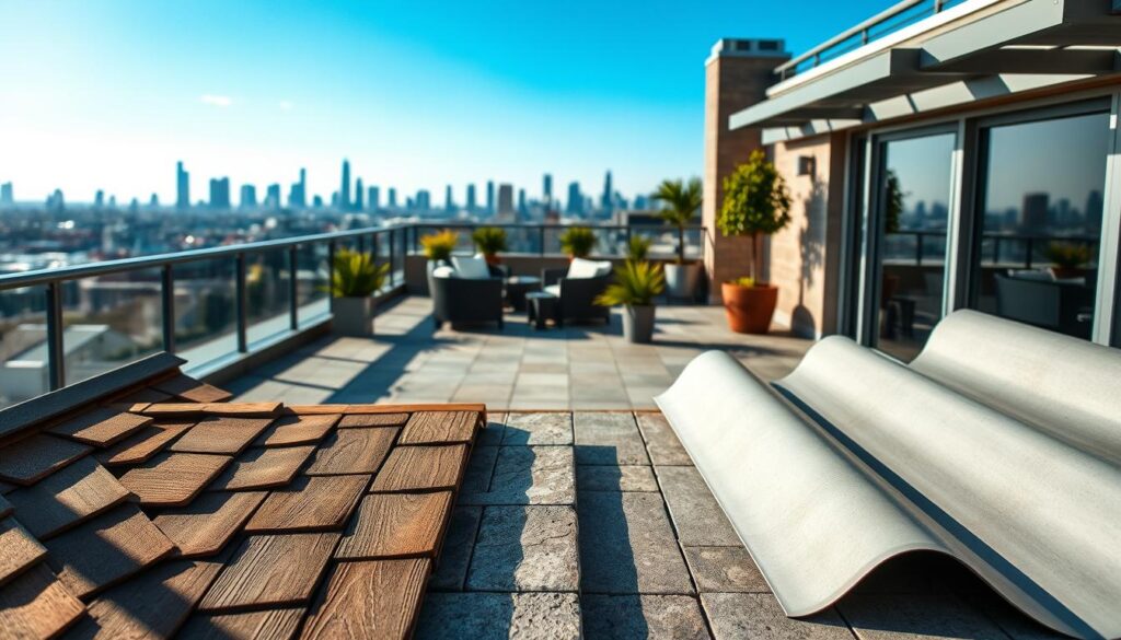 A serene rooftop terrace showcasing various roofing material options, including wooden shingles, stone tiles, and modern rubber membranes. In the foreground, a close-up of a few sample materials arranged aesthetically—each showcasing texture and color variations—under soft natural lighting. The middle layer features the terrace itself, with comfortable outdoor furniture and potted plants, enhancing the inviting atmosphere. The background reveals a scenic city skyline under a clear blue sky, casting soft shadows. The overall mood is tranquil and sophisticated, encouraging a sense of style and practicality for terrace roofing solutions. The composition is harmonious, with a focus on the materials at hand, presenting an ideal blend of nature and urban architecture.