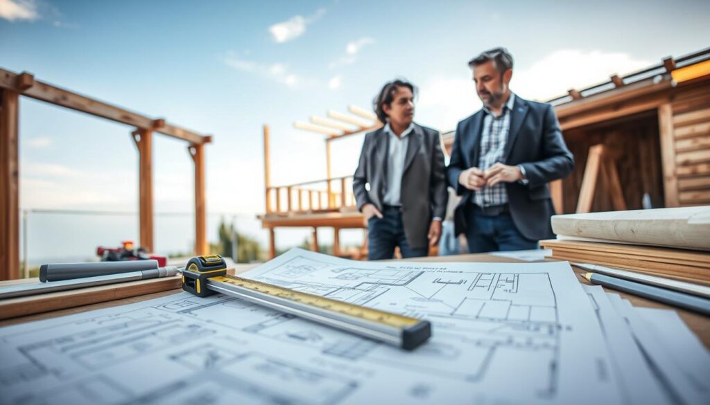 A serene scene depicting the formalities of terrace construction without a permit. In the foreground, a well-organized workspace showcases blueprints, tools, and materials for building a raised terrace. A measuring tape and level rest on the blueprints, symbolizing precision and planning. The middle section features a professional architect in modest casual clothing, intensely focused on discussing the project with a homeowner, who is dressed in business-casual attire. In the background, a partially constructed terrace can be seen under a clear blue sky with soft, diffused natural light highlighting the wooden structure. The mood is collaborative and productive, capturing the essence of planning and regulatory awareness. The scene is framed with a slight depth of field to emphasize the characters and the workspace, creating an inviting atmosphere for readers interested in the construction process.