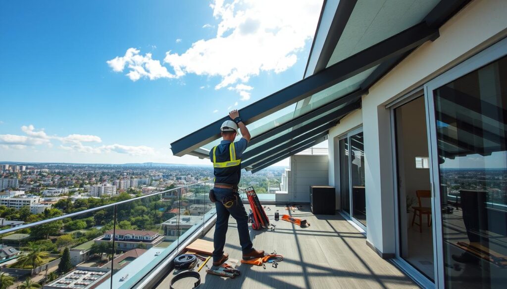 A skilled contractor is expertly installing a modern terrace roof on a balcony, showcasing the intricate details of the roofing materials. In the foreground, the contractor, dressed in professional work attire, is carefully aligning the roof panels, with tools and equipment spread out nearby. The middle ground features a partially completed roof structure, highlighting sleek, high-quality roofing materials like composite panels and glass, demonstrating their functionality and aesthetic appeal. In the background, a scenic urban landscape is visible, with clear blue skies and a few clouds, casting soft natural light over the scene. The overall atmosphere is one of professionalism, craftsmanship, and innovation in home improvement. The camera angle is slightly elevated, capturing both the action and the expansive view beyond the terrace.