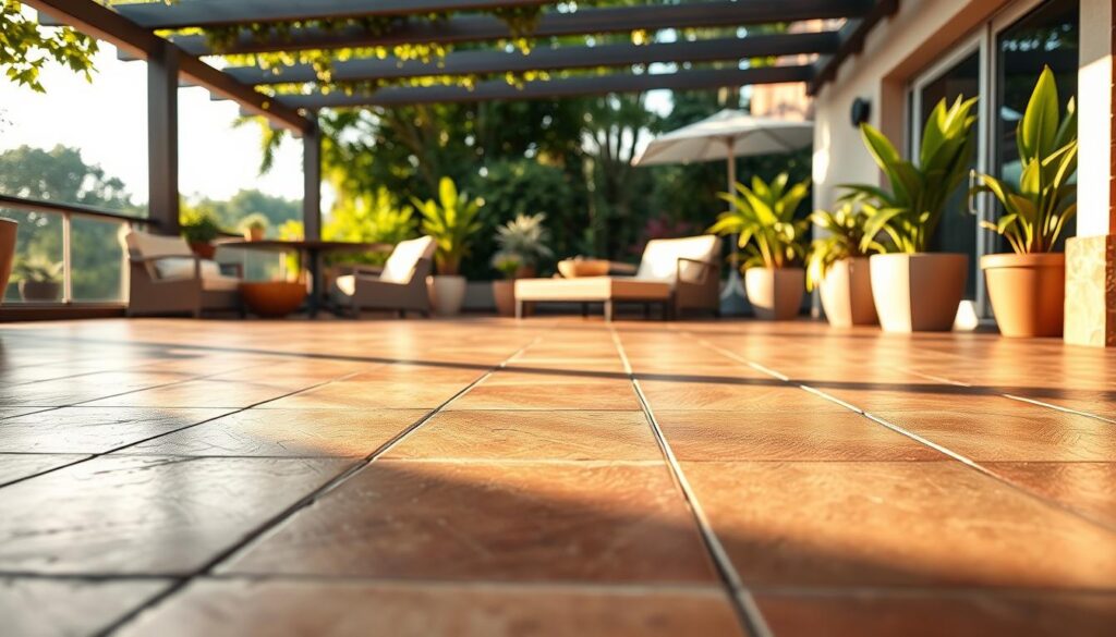 A spacious terrace featuring elegant ceramic tiles in rich earthy tones, arranged in a stylish geometric pattern. In the foreground, focus on the textured surface of the tiles, showcasing their glossy finish reflecting soft daylight. The middle ground displays modern outdoor furniture—like a sleek table and comfortable chairs—inviting relaxation. In the background, lush greenery and vibrant potted plants add a refreshing contrast to the setting. The scene is bathed in warm, diffused sunlight, creating a serene and inviting atmosphere. Capture this view from a slightly elevated angle to emphasize the design of the terrace and its harmonious blend with nature, evoking a sense of sophistication and comfort. A spacious terrace featuring elegant ceramic tiles in rich earthy tones, arranged in a stylish geometric pattern. In the foreground, focus on the textured surface of the tiles, showcasing their glossy finish reflecting soft daylight. The middle ground displays modern outdoor furniture—like a sleek table and comfortable chairs—inviting relaxation. In the background, lush greenery and vibrant potted plants add a refreshing contrast to the setting. The scene is bathed in warm, diffused sunlight, creating a serene and inviting atmosphere. Capture this view from a slightly elevated angle to emphasize the design of the terrace and its harmonious blend with nature, evoking a sense of sophistication and comfort.