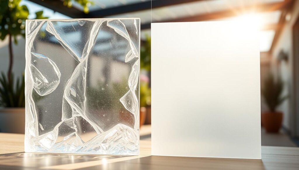 A split scene showcasing two types of polycarbonate: clear and milky. In the foreground, a piece of transparent polycarbonate gleams under soft, natural sunlight, highlighting its crystalline structure and smooth surface. Next to it, a panel of milky polycarbonate offers a softer, diffused light, showcasing its inviting, slightly opaque texture. The background features a serene outdoor patio with greenery, suggesting a sunlit terrace environment. The lighting emphasizes the contrast between the two materials, creating a warm, inviting atmosphere. A shallow depth of field draws focus to the polycarbonate panels while softly blurring the patio elements, enhancing the clarity and appeal of the materials.