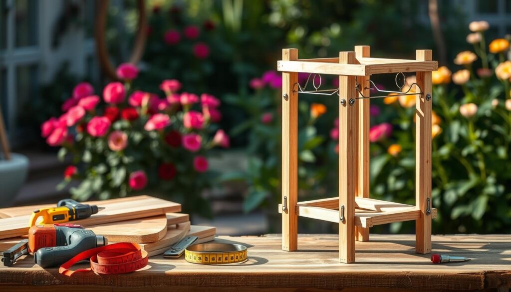 A step-by-step guide to creating a flower stand, featuring a wooden and metal design with detailed construction components. In the foreground, show tools like a saw, drill, and measuring tape neatly arranged alongside planks of wood and metal pieces, indicating an organized workspace. In the middle ground, highlight a partially constructed flower stand with a unique combination of wooden frames and metal accents, showcasing intricate joinery and support structures. The background should feature a serene garden setting with vibrant flowers and greenery, softly blurred to emphasize the stand. Use natural lighting to create an inviting atmosphere, capturing the essence of a DIY project in a warm, inspirational tone. The angle should be slightly elevated, providing a comprehensive view of the stand and tools without any text or distractions. A step-by-step guide to creating a flower stand, featuring a wooden and metal design with detailed construction components. In the foreground, show tools like a saw, drill, and measuring tape neatly arranged alongside planks of wood and metal pieces, indicating an organized workspace. In the middle ground, highlight a partially constructed flower stand with a unique combination of wooden frames and metal accents, showcasing intricate joinery and support structures. The background should feature a serene garden setting with vibrant flowers and greenery, softly blurred to emphasize the stand. Use natural lighting to create an inviting atmosphere, capturing the essence of a DIY project in a warm, inspirational tone. The angle should be slightly elevated, providing a comprehensive view of the stand and tools without any text or distractions.