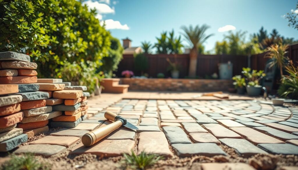 A step-by-step guide to laying a patio with cobblestones, showcasing a well-organized outdoor workspace. In the foreground, a variety of colorful cobblestones neatly stacked, with tools like a rubber mallet and trowel beside them. In the middle ground, a partially completed patio, with a level surface and some stones already fitted together, demonstrating the pattern. In the background, lush greenery and a clear blue sky create a serene atmosphere, suggesting a sunny day. Soft, natural lighting enhances the vibrant colors of the stones and plants. The angle is slightly elevated, providing a comprehensive view of the entire setup, giving an impression of a calm outdoors while underscoring the precision and craftsmanship involved in the project.