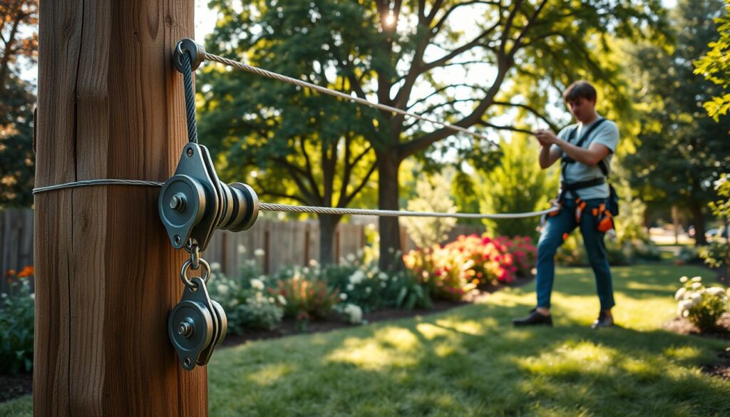 A step-by-step illustration of constructing a basic backyard zip line, aimed at both DIY enthusiasts and families. In the foreground, a sturdy wooden post is anchored securely in the ground, with a high-res, detailed view of pulleys, ropes, and safety harnesses. In the middle ground, a person in modest casual clothing demonstrates tightening the zip line cable while another person is checking safety features, both appearing engaged and focused. The background features a lush garden setting with trees and flowers, creating a natural, inviting atmosphere. Soft, warm sunlight filters through the leaves, casting gentle shadows and enhancing the cheerful mood of a DIY project. Capture this moment from a slightly elevated angle for depth and clarity.