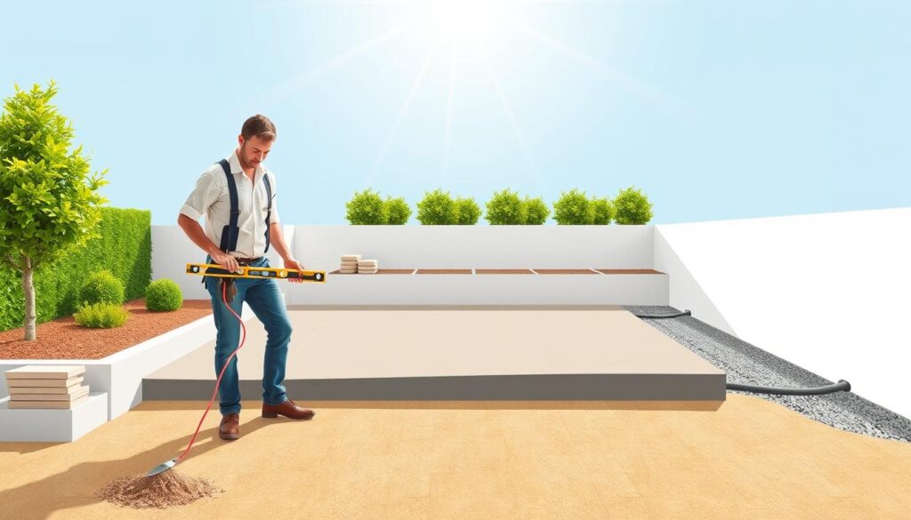 A step-by-step illustration of creating a slope on a terrace, showcasing a bright and well-lit outdoor setting. In the foreground, a professional contractor in modest casual clothing is using tools like a level and a trowel, carefully measuring and adjusting the surface of the terrace. The middle section shows the terrace itself, with visible markings indicating the gradient and lines of slope, surrounded by construction materials such as sand and gravel. In the background, a neat garden adds a touch of greenery, while the sky is clear with soft sunlight bathing the scene, emphasizing an organized and efficient work environment. The overall mood is focused and instructional, highlighting the process of ensuring water drainage on a terrace.