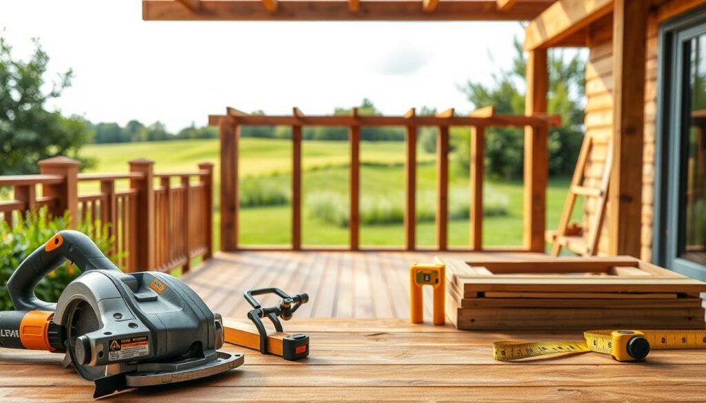 A step-by-step instruction scene for building a wooden terrace, showcasing detailed tools and materials organized neatly. In the foreground, a set of high-quality, professional-grade construction tools, like a circular saw, measuring tape, and spirit level resting on a wooden workbench. In the middle, a partially constructed wooden terrace frame with beams and planks prominently displayed, illustrating the building process. The background features a beautiful garden landscape with green grass and trees, creating a serene outdoor setting. Soft, natural lighting illuminates the scene, highlighting the rich texture of the wood and the craftsmanship involved. The mood is focused and productive, inviting the viewer into the project of creating a durable wooden deck.