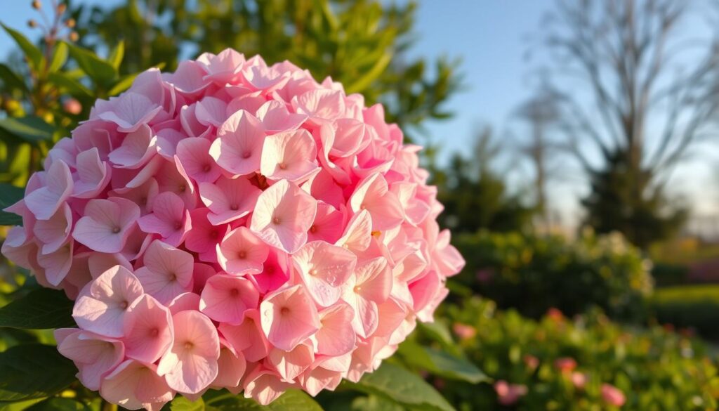 A stunning bouquet of hydrangea paniculata in full bloom, displaying lush clusters of white and pink flowers. In the foreground, focus on the detailed petals, with dew drops glistening in the soft morning light. The middle ground features a lush green garden with richly textured leaves and varied foliage enhancing the hydrangeas’ vibrant colors. In the background, a gentle blur of ornamental trees and a clear blue sky create a peaceful, inviting atmosphere. The lighting is warm and natural, simulating early sunrise, which evokes a fresh, serene morning mood. The composition should emphasize the hydrangeas' beauty and resilience, highlighting their suitability for Polish garden conditions.