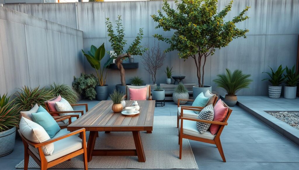 A stylish modern patio featuring sleek furniture for a concrete terrace. In the foreground, a minimalist wooden table with comfortable cushioned chairs, adorned with colorful outdoor cushions, showcases an inviting setting. In the middle ground, lush potted plants and contemporary décor create a vibrant atmosphere, while a soft rug adds warmth. The background consists of a smooth concrete wall, enhancing the urban feel. The scene is illuminated by soft, golden hour sunlight, casting gentle shadows, creating a serene evening ambiance. The atmosphere is relaxed and inviting, perfect for unwinding outdoors. Focus on a wide-angle perspective to capture the full essence of the space, conveying a harmonious blend of nature and modern design.