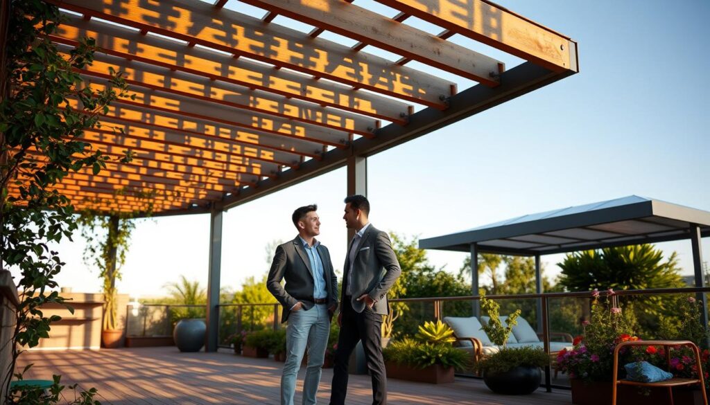 A stylish outdoor terrace showcasing various designs for roofing options. In the foreground, a modern wooden pergola with climbing plants, casting intricate shadows on the floor. The middle ground features a sleek glass roof structure and a retractable awning, reflecting sunlight and creating a cozy space. In the background, lush greenery and flowers enhance the natural atmosphere, while a soft blue sky provides a serene backdrop. The lighting is warm and inviting, capturing the golden hour. A professional couple in modest casual clothing examines the terrace designs, contemplating their options, immersed in a relaxed yet productive atmosphere. The overall mood evokes a sense of tranquility and inspiration for creating the perfect outdoor retreat.