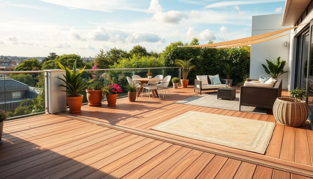A stylish terrace with modern flooring alternatives instead of traditional tiles, showcasing a wooden deck in the foreground, complemented by beautiful, textured outdoor rugs for added warmth and comfort. In the middle ground, vibrant potted plants and a contemporary outdoor dining set invite relaxation, while a cozy lounge area with elegant furniture provides an inviting place for gatherings. The background features a clear blue sky with gentle clouds, hinting at a pleasant day, surrounded by lush greenery or a scenic city view. The lighting is warm and inviting, reminiscent of late afternoon sunshine, creating a cheerful and welcoming atmosphere. The composition should be captured from a slightly elevated angle, emphasizing the cohesive blend of nature and contemporary design, while exuding a tranquil and sophisticated vibe.