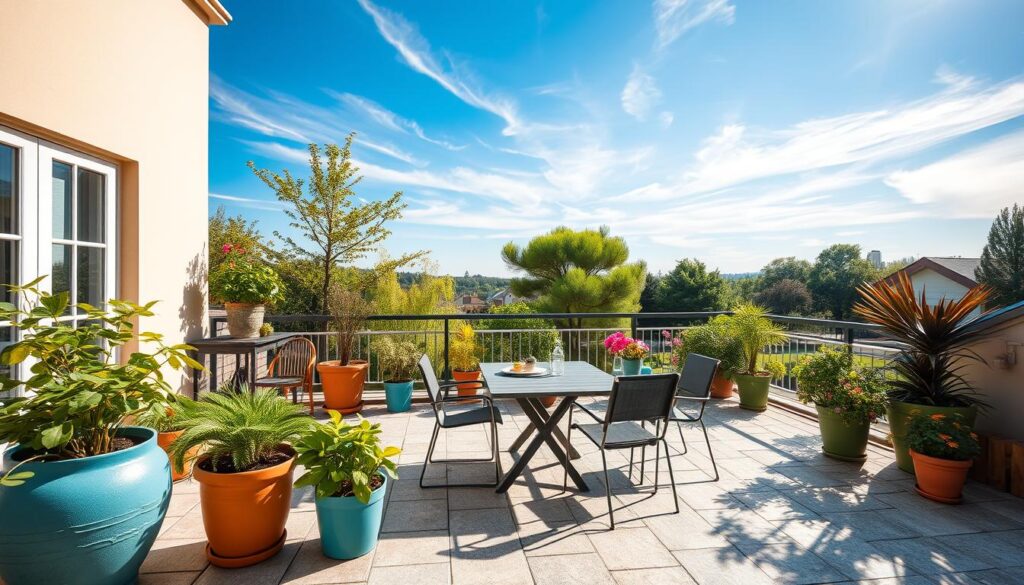 A sunlit, open terrace without a roof, showcasing the challenges of outdoor space maintenance. In the foreground, a vibrant collection of weather-resistant furniture, such as a sturdy table and chairs, is arranged on stylish, textured stone tiles. Lush potted plants, arranged artfully, exhibit resilience against harsh weather. In the middle ground, a beautiful view of a local park or garden is visible, with trees swaying gently in the breeze, casting dappled shadows across the terrace. The background reveals a clear blue sky dotted with wispy clouds, enhancing the brightness of the scene. The atmosphere is inviting yet realistic, illustrating the need for durable materials while allowing for natural elements to interplay. Soft, warm sunlight bathes the entire setting, emphasizing a peaceful yet practical environment.