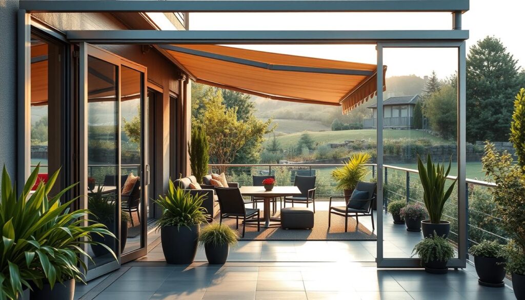 A terrace surrounded by elegant, side shields designed to protect against rain. In the foreground, showcase modern, transparent acrylic side shields with sleek metallic frames, accompanied by lush potted plants that add a touch of nature. The middle ground features a cozy seating area, with stylish outdoor furniture, including a table and chairs positioned beneath a retractable awning. In the background, depict a serene garden landscape with soft lighting indicative of a late afternoon sun, casting gentle shadows and enhancing the tranquil atmosphere. The overall mood should evoke comfort and versatility, illustrating a functional yet aesthetic outdoor space. The angle should be from a slight elevation, providing a clear view of both the protective shields and the inviting terrace layout. A terrace surrounded by elegant, side shields designed to protect against rain. In the foreground, showcase modern, transparent acrylic side shields with sleek metallic frames, accompanied by lush potted plants that add a touch of nature. The middle ground features a cozy seating area, with stylish outdoor furniture, including a table and chairs positioned beneath a retractable awning. In the background, depict a serene garden landscape with soft lighting indicative of a late afternoon sun, casting gentle shadows and enhancing the tranquil atmosphere. The overall mood should evoke comfort and versatility, illustrating a functional yet aesthetic outdoor space. The angle should be from a slight elevation, providing a clear view of both the protective shields and the inviting terrace layout.