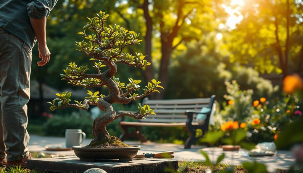A tranquil garden scene featuring a person in modest casual clothing carefully tending to a bonsai tree. In the foreground, the bonsai tree is showcased in detail, highlighting its intricate leaves and twisted trunk. In the middle ground, a wooden bench and gardening tools are arranged artfully, suggesting a calm and delicate care routine. The background features softly blurred lush green foliage and colorful flowers, creating a serene and harmonious atmosphere. The sunlight filters gently through the trees, casting dappled shadows on the ground, creating an inviting and peaceful mood. The image should be captured from a slightly elevated angle, providing a clear view of the bonsai and the gardening activity while emphasizing the beauty of the surroundings.