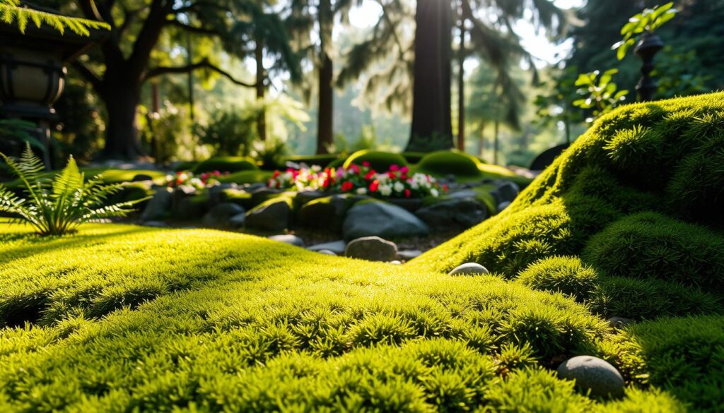 A tranquil garden scene featuring lush green moss artfully integrated into various elements. In the foreground, a rich layer of soft, vibrant moss carpets the ground, complemented by delicate ferns and small rocks. The middle ground displays a well-maintained flower bed with colorful blooms, surrounded by moss-covered stones. In the background, tall trees filter gentle sunlight, creating dappled patterns on the moss. The atmosphere is serene and inviting, evoking a sense of calm. Soft natural lighting enhances the vivid colors and textures of the scene, with a focus on depth and detail. The angle captures a slightly elevated view, allowing for a comprehensive look at the harmonious use of moss in the garden design.