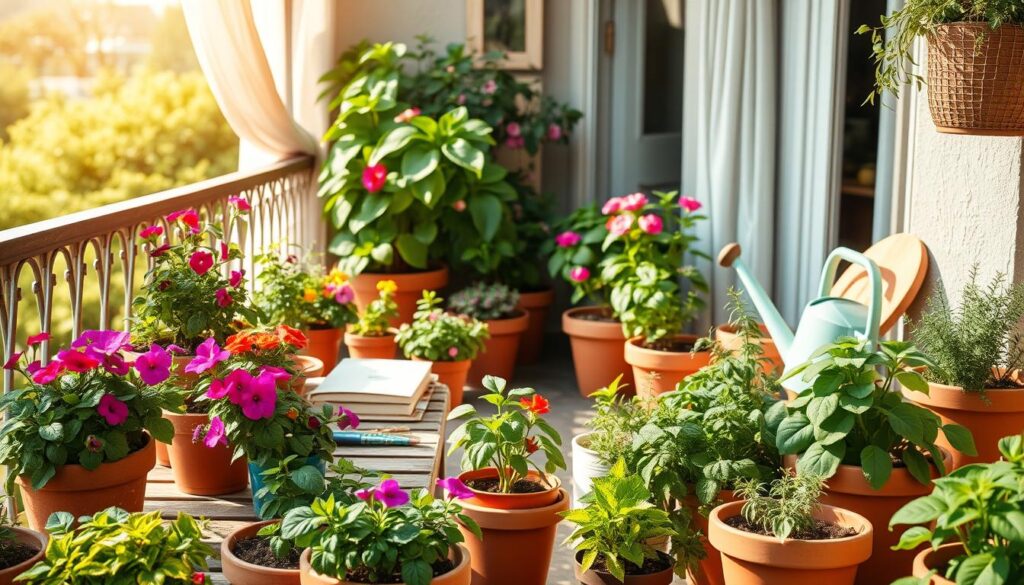 A tranquil terrace garden scene featuring a variety of potted plants suited for outdoor spaces. In the foreground, showcase vibrant terracotta pots filled with lush greenery, colorful flowers like petunias and geraniums, and fragrant herbs such as basil and rosemary. The middle ground includes a wooden table adorned with gardening tools, a plant care book, and a watering can, implying a thoughtful selection process. The background reveals a sunlit balcony with railing and soft drapery gently swaying in a light breeze, adding to the serene atmosphere. Use warm, natural lighting to enhance the inviting mood, and capture the scene from a slightly elevated angle with a shallow depth of field for an artistic touch.