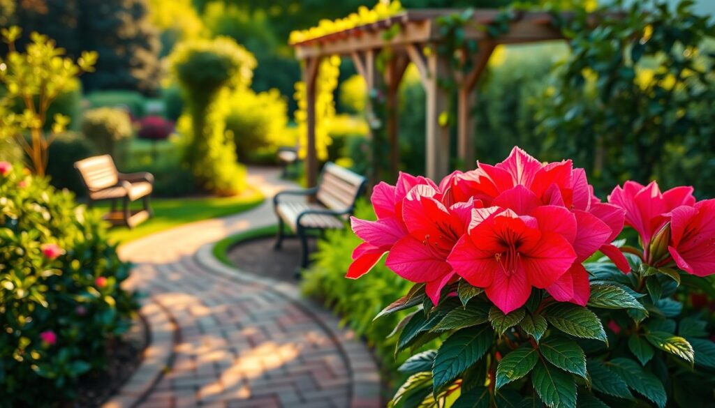 A vibrant azalea bush in full bloom, showcasing its stunning red and pink flowers, prominently placed in a beautifully manicured garden. The foreground focuses on the intricately layered petals of the azalea, with droplets of morning dew glistening in the sunlight. In the middle ground, lush greenery frames the azalea, with soft, fuzzy leaves contrasting against the bright blossoms. A brick pathway winds through the background, leading to quaint garden benches and a wooden trellis adorned with climbing vines. The scene is bathed in warm, golden sunlight, creating a serene and inviting atmosphere. Capture the image from a slightly elevated angle to emphasize the azalea's shape within the garden, evoking a feeling of tranquility and appreciation for nature. A vibrant azalea bush in full bloom, showcasing its stunning red and pink flowers, prominently placed in a beautifully manicured garden. The foreground focuses on the intricately layered petals of the azalea, with droplets of morning dew glistening in the sunlight. In the middle ground, lush greenery frames the azalea, with soft, fuzzy leaves contrasting against the bright blossoms. A brick pathway winds through the background, leading to quaint garden benches and a wooden trellis adorned with climbing vines. The scene is bathed in warm, golden sunlight, creating a serene and inviting atmosphere. Capture the image from a slightly elevated angle to emphasize the azalea's shape within the garden, evoking a feeling of tranquility and appreciation for nature.