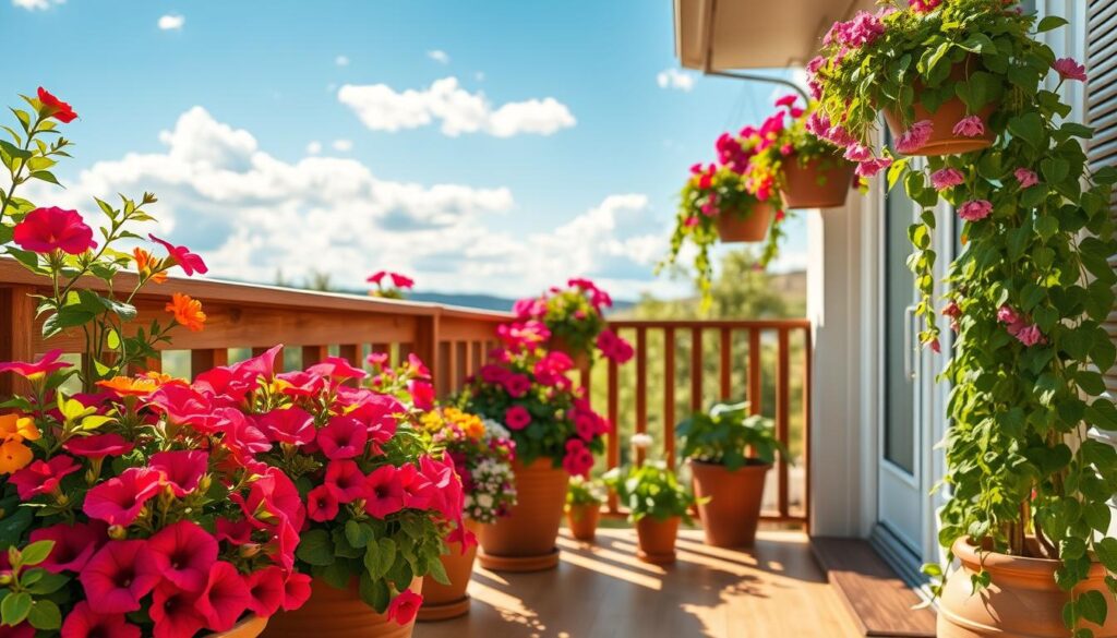 A vibrant balcony garden filled with a variety of blooming flowers designed for optimal visibility. In the foreground, large pots overflowing with colorful petunias, geraniums, and trailing ivy create an inviting atmosphere. The middle ground showcases a wooden railing adorned with delicate hanging baskets of fuchsias and lobelias, cascading down beautifully. In the background, a soft-focus view of a sunny blue sky with scattered clouds enhances the cheerful mood. The scene is illuminated by warm, golden sunlight, casting gentle shadows that add depth. The angle is slightly elevated, giving a panoramic view across the balcony, emphasizing the lush greenery and vibrant floral colors. The overall ambiance is fresh, cheerful, and perfect for inspiring gardening enthusiasts.