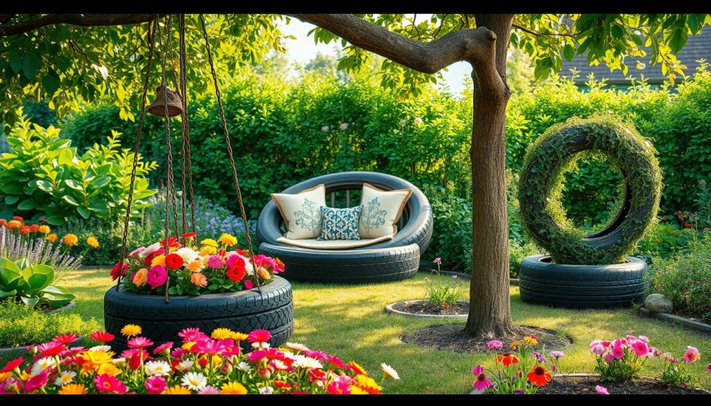 A vibrant garden scene featuring creative uses of a tire in various innovative ways. In the foreground, a large colorful flower bed encircles a repurposed tire planter overflowing with bright flowers. Beside it, a tire swing hangs from a sturdy tree branch, inviting playfulness. In the middle ground, a tire serves as a rustic seating area adorned with cushions, while another is creatively transformed into a decorative herb spiral. Lush greenery and blooming plants fill the background, creating a serene atmosphere. Soft, warm sunlight filters through the leaves, casting gentle shadows. The image has a cheerful, inviting mood, showcasing eco-friendly gardening ideas. No text or watermarks should be included.