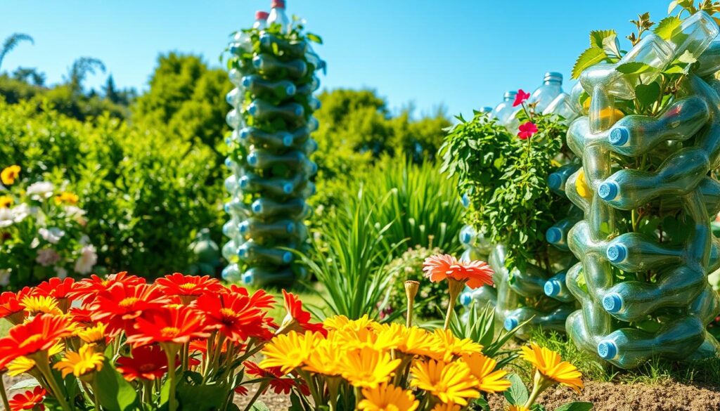 A vibrant garden scene featuring creative uses of plastic bottles in various forms. In the foreground, a colorful flower bed with plastic bottle planters overflowing with blooming flowers, showcasing bright reds, yellows, and blues. In the middle ground, a unique vertical garden made of stacked plastic bottles holding herbs and leafy greens, all bathed in warm sunlight. The background features lush greenery and a clear blue sky, enhancing the eco-friendly atmosphere of the garden. Soft, natural lighting creates a cheerful and inviting mood, with intricate details of bottle textures and plant life captured sharply through a wide-angle lens. The composition emphasizes sustainable gardening practices while illustrating the beauty of repurposing materials. A vibrant garden scene featuring creative uses of plastic bottles in various forms. In the foreground, a colorful flower bed with plastic bottle planters overflowing with blooming flowers, showcasing bright reds, yellows, and blues. In the middle ground, a unique vertical garden made of stacked plastic bottles holding herbs and leafy greens, all bathed in warm sunlight. The background features lush greenery and a clear blue sky, enhancing the eco-friendly atmosphere of the garden. Soft, natural lighting creates a cheerful and inviting mood, with intricate details of bottle textures and plant life captured sharply through a wide-angle lens. The composition emphasizes sustainable gardening practices while illustrating the beauty of repurposing materials.