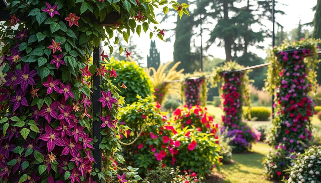 A vibrant garden scene featuring various ornamental climbing plants (ozdobne pnącza) in full bloom, showcasing their intricate leaves and colorful flowers. In the foreground, include a lush trellis adorned with cascading vines, such as clematis and honeysuckle, creating a vivid display of color and texture. The middle ground should have a variety of climbing plants gently wrapping around garden structures, with sunlight filtering through the leaves, enhancing their brightness. In the background, depict a serene garden setting with tall trees and soft, diffused light to create a tranquil atmosphere. Use a wide-angle lens perspective to fully capture the beauty and diversity of these plants, conveying a sense of lush abundance and inviting tranquility.