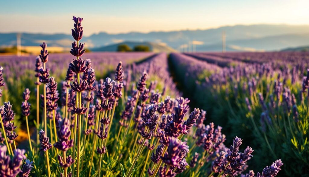 A vibrant garden scene showcasing a luxurious lavender field in full bloom. In the foreground, delicate lavender stalks with deep purple flowers sway gently in the breeze, their vivid colors contrasting against lush green leaves. The middle ground features healthy rows of lavender plants, intricately planted, creating a rhythm across the garden landscape. In the background, a soft, hazy view of rolling hills under a clear blue sky adds depth to the scene. Warm golden hour lighting bathes the garden, enhancing the rich hues of the flowers and casting gentle shadows. The atmosphere feels serene and inviting, perfect for a tranquil garden retreat, bringing to life the beauty and cultivation of lavender in an ornamental garden setting. A vibrant garden scene showcasing a luxurious lavender field in full bloom. In the foreground, delicate lavender stalks with deep purple flowers sway gently in the breeze, their vivid colors contrasting against lush green leaves. The middle ground features healthy rows of lavender plants, intricately planted, creating a rhythm across the garden landscape. In the background, a soft, hazy view of rolling hills under a clear blue sky adds depth to the scene. Warm golden hour lighting bathes the garden, enhancing the rich hues of the flowers and casting gentle shadows. The atmosphere feels serene and inviting, perfect for a tranquil garden retreat, bringing to life the beauty and cultivation of lavender in an ornamental garden setting.