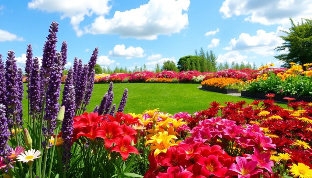 A vibrant garden scene showcasing a variety of perennial flowers that are low-maintenance and decorative. In the foreground, clusters of colorful blooms like lavender, daylilies, and sedums in rich, warm colors. The middle ground features a lush green lawn and neatly arranged flower beds overflowing with these hardy plants. In the background, a clear blue sky with fluffy white clouds creates a bright and cheerful atmosphere. The lighting is soft and natural, suggesting a late afternoon glow, highlighting the textures of the petals and leaves. The composition encourages a sense of tranquility and ease, perfect for a relaxing garden space.