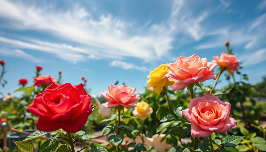 A vibrant garden scene showcasing easy-to-grow roses in full bloom. In the foreground, a variety of roses—such as bright red, soft pink, and sunny yellow—each with lush green foliage, captures attention. The middle ground features a well-maintained flower bed surrounded by simple gardening tools, like a trowel and watering can, emphasizing accessibility for beginners. In the background, a sunny blue sky with wispy clouds sets a cheerful atmosphere. The lighting is warm and inviting, hinting at an ideal planting day, with soft shadows enhancing the texture of the petals. The scene conveys a sense of serenity and encouragement, perfect for novice gardeners. The image is devoid of any text or distractions, focusing solely on the beauty of the roses. A vibrant garden scene showcasing easy-to-grow roses in full bloom. In the foreground, a variety of roses—such as bright red, soft pink, and sunny yellow—each with lush green foliage, captures attention. The middle ground features a well-maintained flower bed surrounded by simple gardening tools, like a trowel and watering can, emphasizing accessibility for beginners. In the background, a sunny blue sky with wispy clouds sets a cheerful atmosphere. The lighting is warm and inviting, hinting at an ideal planting day, with soft shadows enhancing the texture of the petals. The scene conveys a sense of serenity and encouragement, perfect for novice gardeners. The image is devoid of any text or distractions, focusing solely on the beauty of the roses.