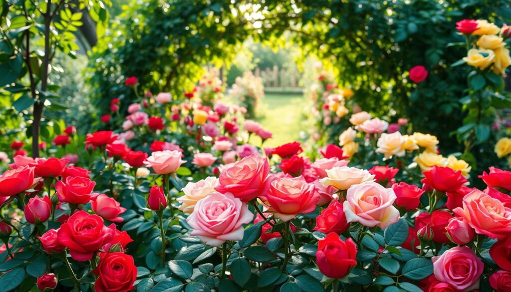 A vibrant garden scene showcasing various types of roses ideal for beginners. In the foreground, clusters of blooming roses in a variety of colors, including deep reds, soft pinks, and bright yellows, with lush green leaves. The middle ground features different rose varieties such as hybrid tea, floribunda, and climbing roses, all meticulously arranged to emphasize their unique shapes and sizes. In the background, soft sunlight filters through a leafy archway, casting gentle shadows, creating a serene and inviting atmosphere. The scene is captured with a shallow depth of field, enhancing the details of the roses and softening the background, evoking a sense of tranquility and beauty in a well-kept garden. The overall mood is one of inspiration and warmth, perfect for motivating new gardeners. A vibrant garden scene showcasing various types of roses ideal for beginners. In the foreground, clusters of blooming roses in a variety of colors, including deep reds, soft pinks, and bright yellows, with lush green leaves. The middle ground features different rose varieties such as hybrid tea, floribunda, and climbing roses, all meticulously arranged to emphasize their unique shapes and sizes. In the background, soft sunlight filters through a leafy archway, casting gentle shadows, creating a serene and inviting atmosphere. The scene is captured with a shallow depth of field, enhancing the details of the roses and softening the background, evoking a sense of tranquility and beauty in a well-kept garden. The overall mood is one of inspiration and warmth, perfect for motivating new gardeners.