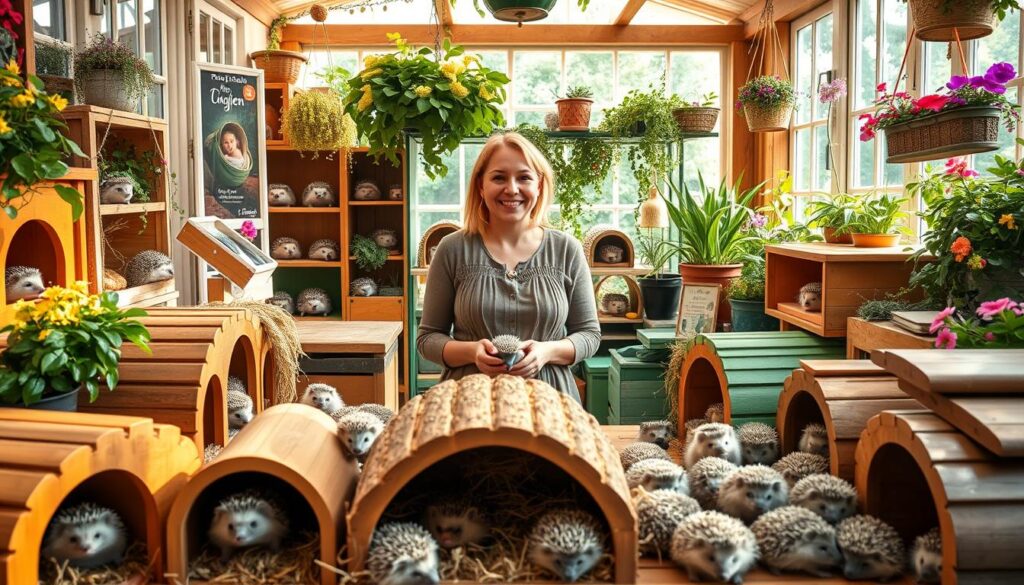 A vibrant garden shop specializing in hedgehogs, showcasing various enclosures filled with adorable, curious hedgehogs. In the foreground, a colorful display of hedgehog homes crafted from wood and hay, featuring cozy nooks for the animals to curl up in. The middle section displays a friendly shopkeeper in modest casual clothing, carefully tending to the hedgehogs, with a warm smile. The background features lush greenery and flowering plants to create a tranquil, inviting atmosphere. Soft, natural daylight filters through the shop's open windows, casting gentle shadows and enhancing the friendly vibe. The overall mood is cheerful and serene, reflecting a nurturing environment for prospective hedgehog owners.