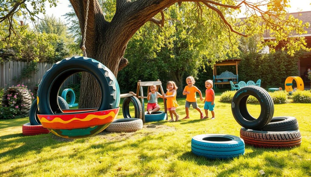A vibrant, outdoor scene showcasing a variety of children's toys creatively made from used tires. In the foreground, there's a colorful tire swing hanging from a sturdy tree branch, with bright paint on the tires. Nestled nearby are tire fort structures and a tire seesaw, all adorned with playful designs. In the middle ground, children, dressed in bright, casual clothing, are happily playing and interacting with the tire toys, laughing and smiling. The background features a sunny garden, with lush grass and blooming flowers, with soft sunlight filtering through the leaves, creating a cheerful atmosphere. The composition captures a sense of joy and creativity in outdoor play, with a wide-angle lens to enhance the lively scene.