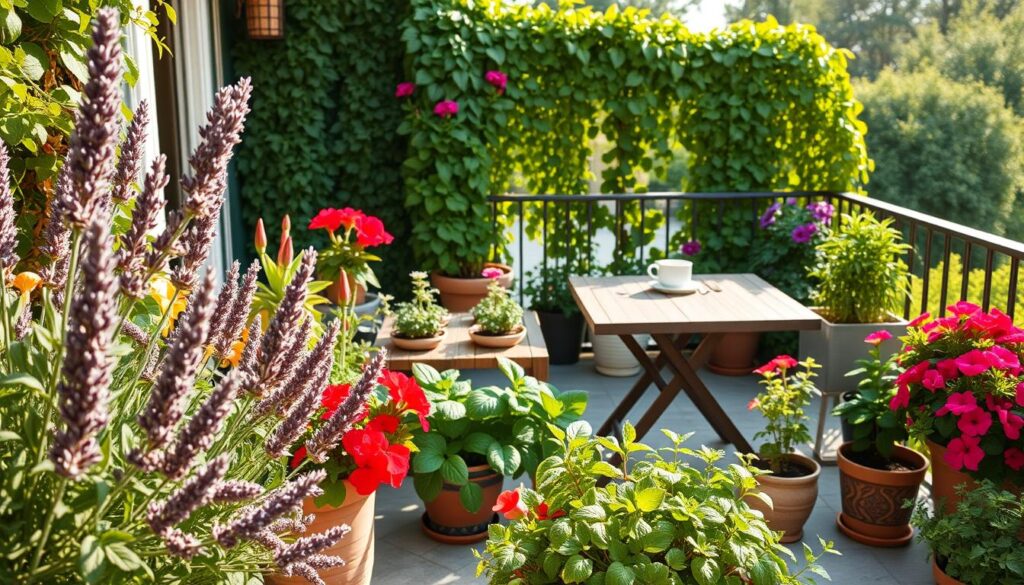 A vibrant terrace adorned with an array of lush plants, showcasing a variety of flowers and greenery in decorative pots. In the foreground, a large lavender plant spills over its pot, while colorful geraniums add a pop of red and pink. The middle ground features a sleek wooden table set for coffee, surrounded by potted herbs like basil and mint. In the background, a railing lined with cascading ivy creates a lush green backdrop, framing the view. The scene is illuminated by soft, warm afternoon sunlight, creating a cozy and inviting atmosphere. Capture the image from a slightly elevated angle to enhance the depth, making the plants appear abundant and lively, embodying the essence of freshness and color.