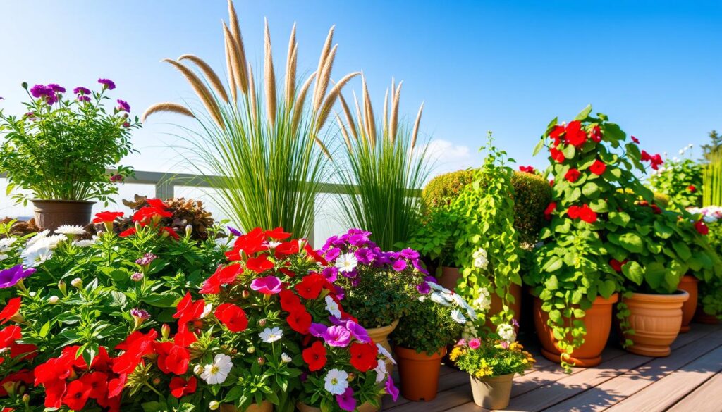A vibrant terrace garden filled with an array of decorative plants. In the foreground, there are lush potted flowers in bright colors such as red geraniums, purple petunias, and white daisies, elegantly arranged on a wooden deck. The middle ground features tall ornamental grasses swaying gently in the breeze, complemented by a couple of trailing ivy plants cascading over the edges of their pots. In the background, a clear blue sky enhances the cheerful atmosphere, with soft sunlight casting warm highlights on the foliage. The scene is inviting and serene, ideal for a relaxing outdoor setting. The composition is shot from a slight low angle, emphasizing the plants' vibrant colors against the sky, creating a lively and refreshing ambiance. A vibrant terrace garden filled with an array of decorative plants. In the foreground, there are lush potted flowers in bright colors such as red geraniums, purple petunias, and white daisies, elegantly arranged on a wooden deck. The middle ground features tall ornamental grasses swaying gently in the breeze, complemented by a couple of trailing ivy plants cascading over the edges of their pots. In the background, a clear blue sky enhances the cheerful atmosphere, with soft sunlight casting warm highlights on the foliage. The scene is inviting and serene, ideal for a relaxing outdoor setting. The composition is shot from a slight low angle, emphasizing the plants' vibrant colors against the sky, creating a lively and refreshing ambiance.