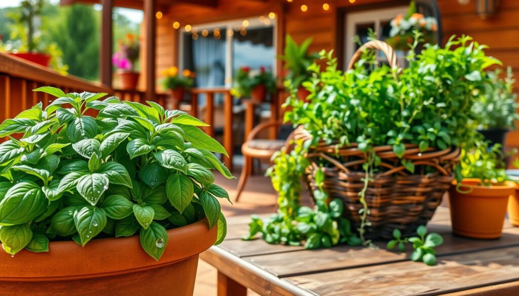 A vibrant terrace herb garden, showcasing a variety of lush green herbs such as basil, rosemary, thyme, and mint in decorative pots. In the foreground, close-up of a terracotta pot overflowing with fresh, fragrant basil, droplets of water glistening on the leaves. In the middle, a wooden table is topped with a rustic basket filled with freshly cut herbs, sunlight filtering through the leaves creating dappled patterns. The background features a cozy, inviting terrace with wooden railings, hanging fairy lights twinkling softly, and potted flowers adding splashes of color. The atmosphere is warm and serene, evoking relaxation and the joys of gardening. Bright and natural lighting enhances the freshness of the herbs and the peaceful ambiance of the space. A vibrant terrace herb garden, showcasing a variety of lush green herbs such as basil, rosemary, thyme, and mint in decorative pots. In the foreground, close-up of a terracotta pot overflowing with fresh, fragrant basil, droplets of water glistening on the leaves. In the middle, a wooden table is topped with a rustic basket filled with freshly cut herbs, sunlight filtering through the leaves creating dappled patterns. The background features a cozy, inviting terrace with wooden railings, hanging fairy lights twinkling softly, and potted flowers adding splashes of color. The atmosphere is warm and serene, evoking relaxation and the joys of gardening. Bright and natural lighting enhances the freshness of the herbs and the peaceful ambiance of the space.