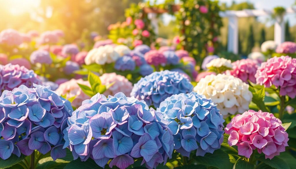 A vivid illustration featuring various types of hydrangeas in a lush garden setting, showcasing the diversity of the flowers. In the foreground, highlight blooming clusters of hydrangeas in shades of blue, pink, and white, with intricate petal details. In the middle ground, display a mix of hydrangea varieties, including Hydrangea macrophylla and Hydrangea paniculata, with their distinct shapes and colors, surrounded by vibrant green foliage. The background should feature softly blurred garden elements, like a quaint garden path or trellis, under a bright, sunny sky. Use warm, natural lighting to enhance the colors and create a serene, inviting atmosphere, captured from a slightly elevated angle to provide depth and context.